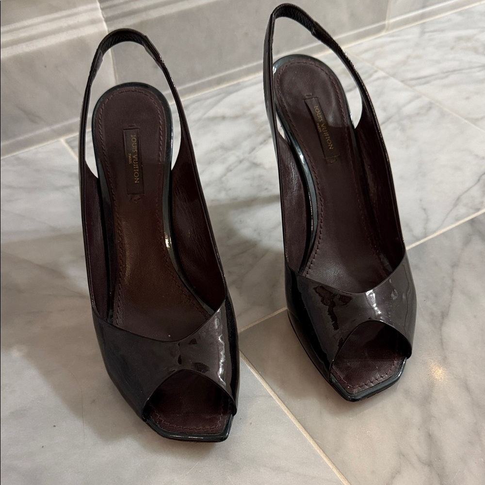 Louis Vuitton Dark Brown Patent Slingback Heels